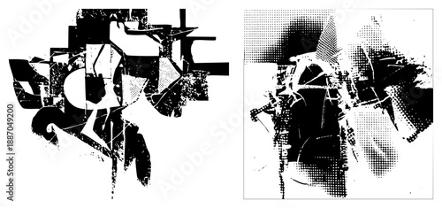 Abstract Geometric Fragmented Forms in Halftone and Solid Black