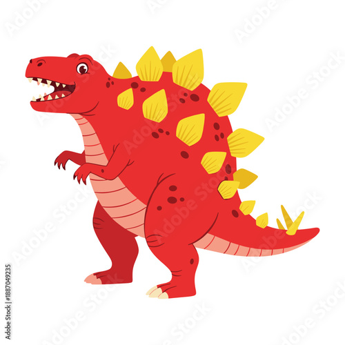 Red cartoon stegosaurus dinosaur with yellow spikes
