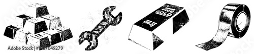 Stack of Gold Bars, Wrench, Gold Bar, and Aluminum Tape Vector