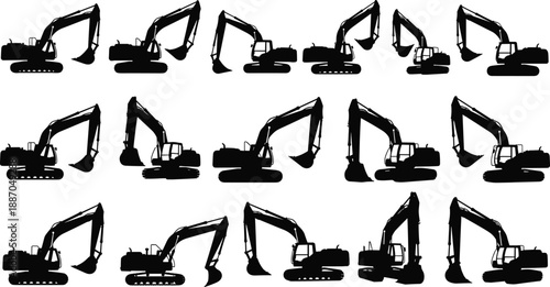 Excavator silhouette set, construction equipment vector illustration, heavy machinery clipart, black white industrial vehicle artwork