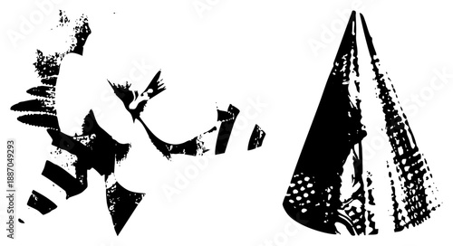 Abstract Black and White Graphic with Dynamic Splatter and Cone Shapes
