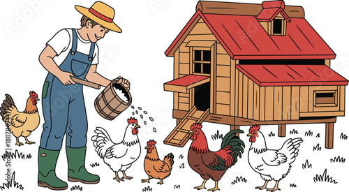 Farmer feeding chickens illustration with wooden henhouse and poultry birds, colorful cartoon farm life scene for agriculture, rural living and education vector