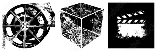 Vintage Film Reel, 3D Cube, and Clapperboard Set for Cinema