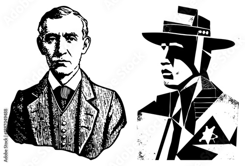 Vintage Portrait of Thomas Edison Beside Modernist Sheriff Silhouette