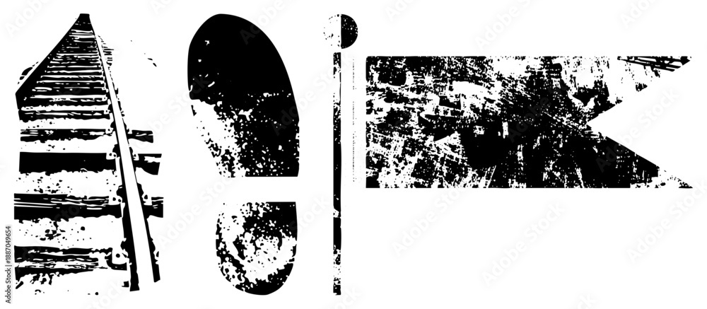 Obraz premium Grunge Styled Train Tracks, Footprint, and Abstract Urban Silhouette