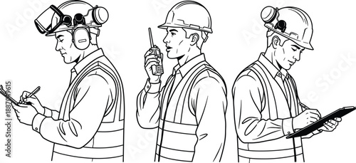 Industrial workers safety gear illustration, construction site vector design, black white occupational clipart, protective equipment artwork