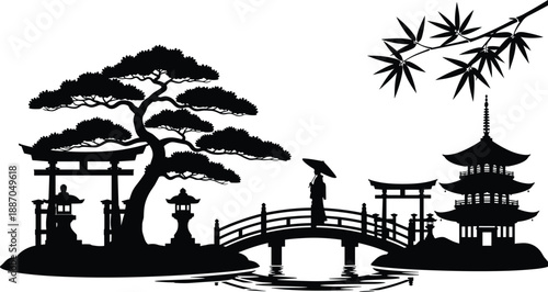 Japanese landscape silhouette illustration, cultural garden vector design, torii pagoda bridge clipart, black white tranquil artwork