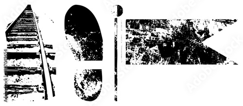 Grunge Styled Train Tracks, Footprint, and Abstract Urban Silhouette