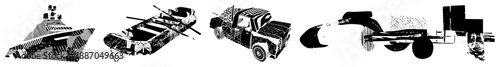 Abstract Black and White Vector Illustrations of Vehicles and Machinery