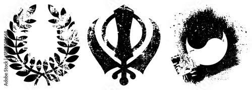 Grunge Styled Symbol Set Featuring Laurel Wreath, Khanda, and Yin Yang