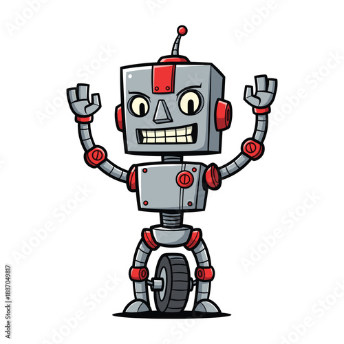 Happy cartoon robot character with raised hands