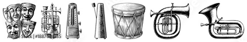 Vintage Musical Instruments and Theater Masks in Vector Set