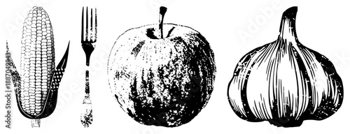 Vintage Halftone Illustration of Corn, Fork,, and Garlic