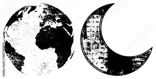 Grunge Styled Earth Globe and Moon Vector