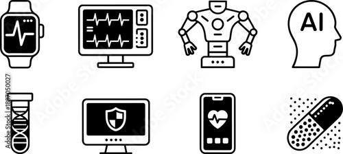 Future medical technology icon set with AI artificial intelligence robotics DNA and heart rate monitor for healthcare innovation