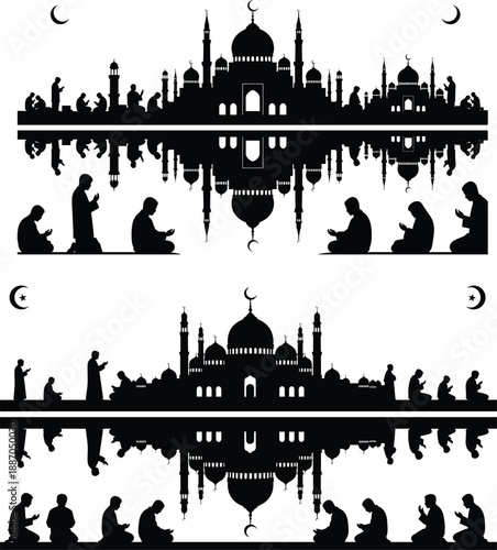 Islamic mosque silhouette with people praying and mirrored reflection, crescent moon night scene symbolizing Ramadan, Muslim faith, spirituality, worship, unity, and peaceful religious devotion