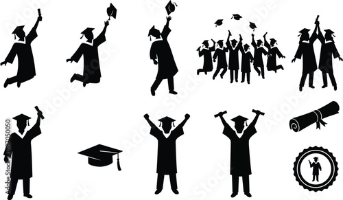 People in graduation caps and gowns celebrating their academic achievement. 