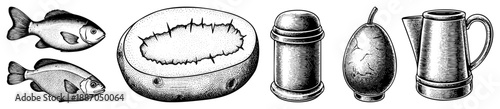 Vintage Halftone Illustration of Fish, Melon, Salt Shaker, Egg, and Pitcher