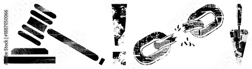 Legal Gavel, Exclamation Mark, Broken Chain, and Shovel Set