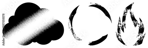 Grunge Styled Halftone Cloud, Moon, and Flame
