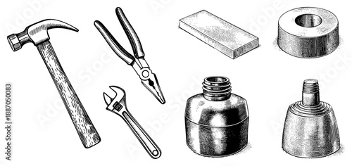 Vintage Hand Tools and Hardware Components Illustrated Set