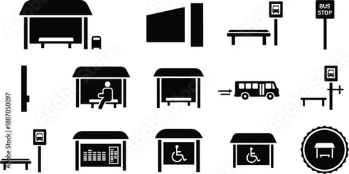 Public transportation infrastructure. Bus stops shelters with seating and lighting features. 