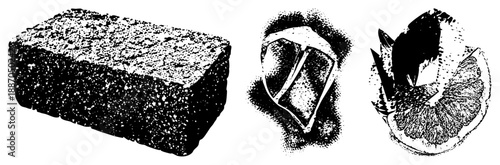 Halftone Illustration of Bread Loaf, Fish Slice, and Citrus Fruit Section