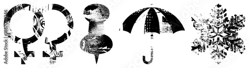 Vintage Halftone Symbols Female Sign, Pushpin, Umbrella, Snowflake Cutout