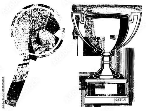 Magnifying Glass and Trophy Award Symbols in Halftone Vector Design