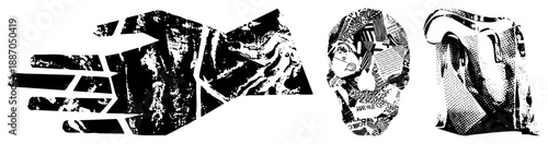 Abstract Hand, Skull, and Bag Silhouettes in Grunge Halftone Vector Art