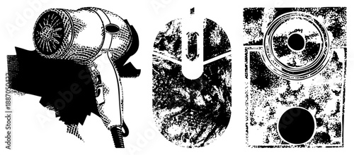 Vintage Hair Dryer, Computer Mouse, and Speaker Set in Retro Halftone Style