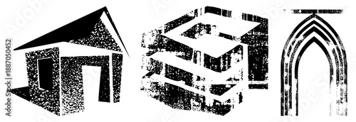 Stylized Architectural Featuring House, Cube, and Gothic Arch in Halftone Texture