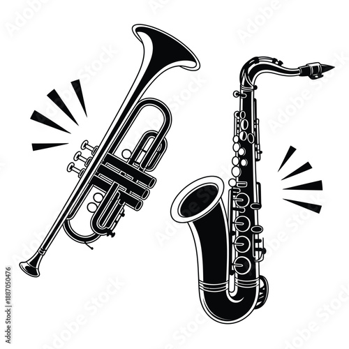 Black and white illustration of a trumpet and saxophone with musical notes