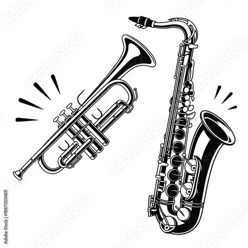 A dynamic illustration featuring a trumpet and a saxophone musical instruments