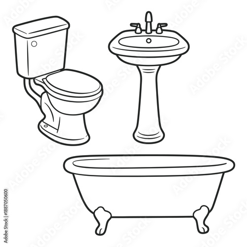Simple outline of a bathroom suite including toilet sink and tub