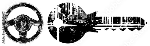 Steering Wheel and Guitar Key Silhouettes with Distressed Texture