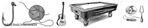 Fishing Hook, Ball of Yarn, Acoustic Guitar, Pool Table, and Fishing Tackle Set