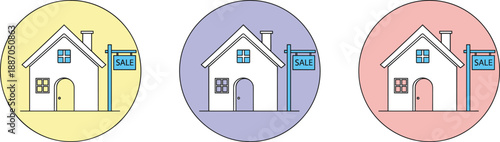 Cute house for sale icon set in pastel circle style for real estate property and home design