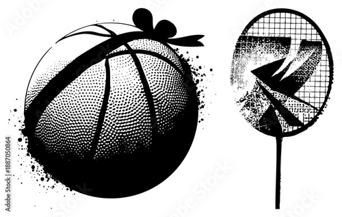 Halftone Basketball and Badminton Racket Vector Sports