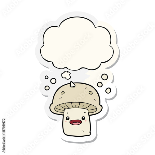 Cartoon mushroom with thought bubble and surprised expression