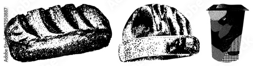Halftone Vector Illustration of Bread Loaf, Beanie Hat, and Cup