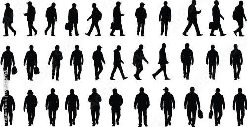Walking people silhouette set, pedestrian motion vector illustration, black white human movement clipart, urban lifestyle artwork