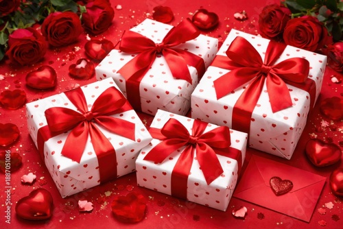 Colorful gift boxes with red ribbons on a festive background.