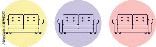 Modern sofa couch icon set in pastel oval style for living room furniture home decor and interior design