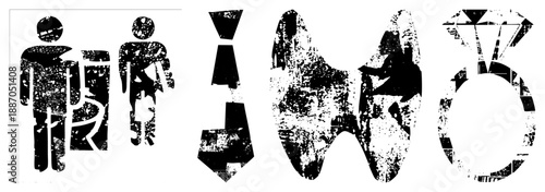 Grunge Textured Toilet, Tie, Tooth, and Ring in Black and White