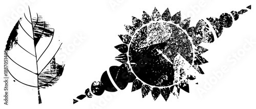 Grunge Styled Leaf and Sunburst Graphic Elements