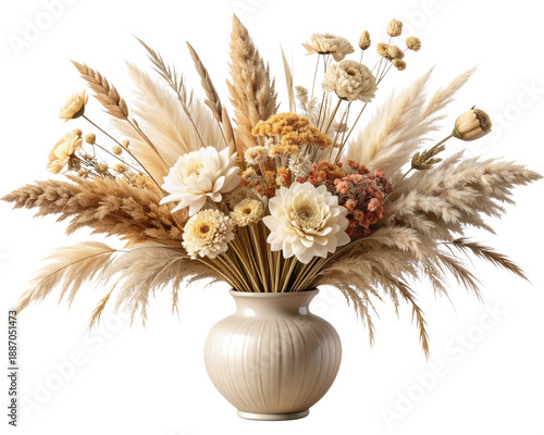 A realistic, elegant vase filled with dried flowers such as pampas grass, wheat stalk 