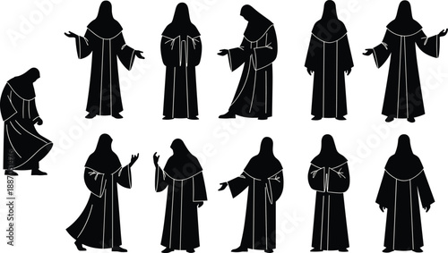 Wizard silhouette illustration set with hooded mage characters in different poses, black and white fantasy magic collection for mythology and game design vector