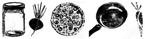 Vintage Glass Jar, Beetroot, Pizza Slices, Frying Pan, Carrot Black and White Vector