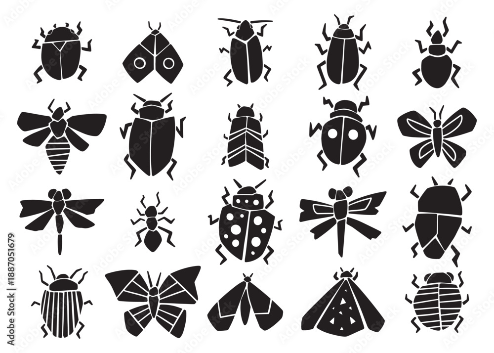 Fototapeta premium Cute stylized garden bugs compilation set. Vector doodle silhouette illustration set for web, t-shirt design, other graphic design use